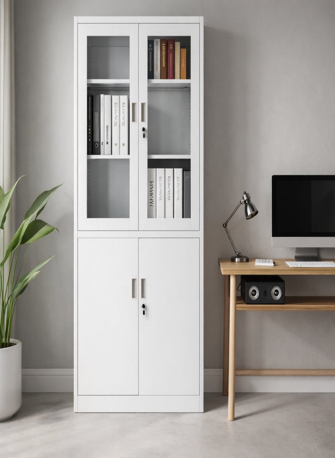 Harmony Home خزانة تخزين معدنية من هارموني هوم ببابين زجاجيين و 4 أبواب مع قفل ورفوف قابلة للتعديل - منظم معدني أبيض للمكتب، المنزل، المدرسة، الصالة الرياضية، الصالون، العيادة ودار الرعاية - أبيض - Image 1